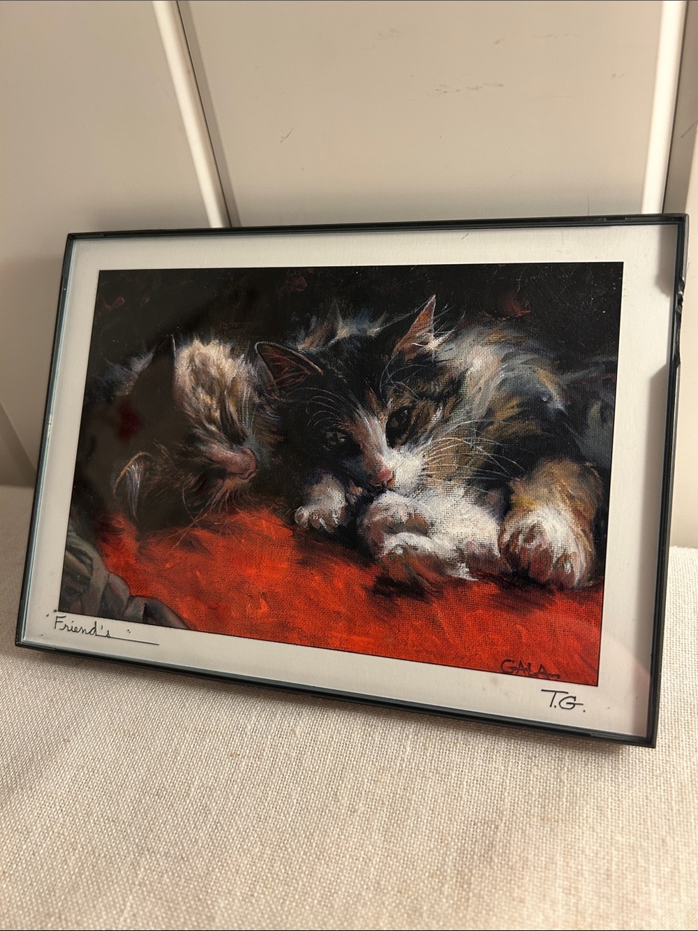 Vintage Cat art print Framed 2 long haired tabby Kitty friends 90s art TG T Gala